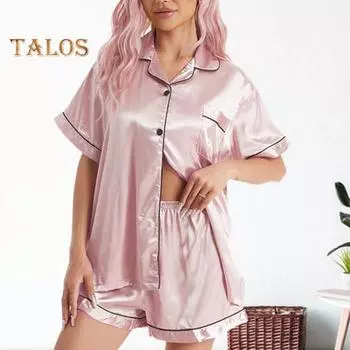 Женский летний пижамный комплект из 2 шт./компл., однотонный однобортный однобортный топ с эластичной резинкой на талии и широкими штанинами, шелковистые лацканы с короткими рукавами и широкие брюки, домашняя одежда, брюки-рубашки M шампанского