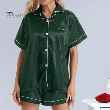 Женский летний пижамный комплект из 2 шт./компл., однотонный однобортный однобортный топ с эластичной резинкой на талии и широкими штанинами, шелковистые лацканы с короткими рукавами и широкие брюки, домашняя одежда, брюки-рубашки M шампанского