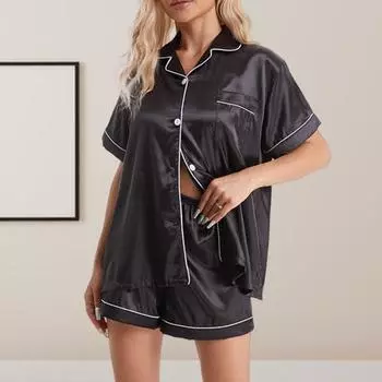 Женский летний пижамный комплект из 2 шт./компл., однотонный однобортный однобортный топ с эластичной резинкой на талии и широкими штанинами, шелковистые лацканы с короткими рукавами и широкие брюки, домашняя одежда, брюки-рубашки L шампанского