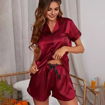 Женский летний пижамный комплект из 2 шт./компл., однобортный однобортный топ с короткими рукавами и шелковистыми лацканами, эластичный пояс с бантом, декор, брюки, домашняя одежда, рубашка, комплект брюк XL жёлтый