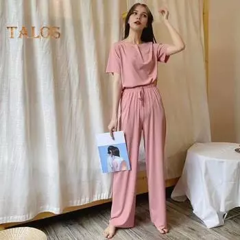 Женский летний пижамный комплект из 3 шт./компл., футболка с короткими рукавами и круглым вырезом, шорты с эластичной резинкой на талии, широкие плиссированные брюки, женская одежда для дома, комплект одежды для сна, топ домашней одежды чёрный