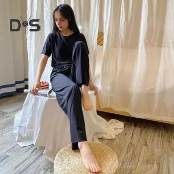 Женский летний пижамный комплект из 3 шт./компл., футболка с короткими рукавами и круглым вырезом, шорты с эластичной резинкой на талии, широкие плиссированные брюки, женская одежда для дома, комплект одежды для сна, топ домашней одежды чёрный