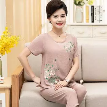 Женский летний пижамный комплект из хлопка и льна – комплект из двух предметов с короткими рукавами для людей среднего и пожилого возраста, универсальный для дома и улицы SX168, 4XL глубокий/моря