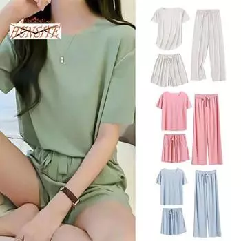 Женский летний пижамный комплект, корейская футболка с круглым вырезом из ледяного шелка, прямые широкие брюки на шнурке, тонкие шорты с эластичным поясом, 3 шт./компл., домашняя одежда абрикосовый