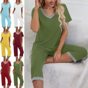 Женский летний пижамный комплект с коротким рукавом, футболка с v-образным вырезом и брюки-капри, одежда для сна, домашняя одежда, контрастные цвета, костюмы для отдыха 5XL белый