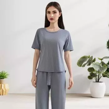 Женский летний пижамный комплект с круглым вырезом, короткими рукавами, топом и штанами, повседневный свободный комплект из двух предметов для отдыха 2XL зелёный