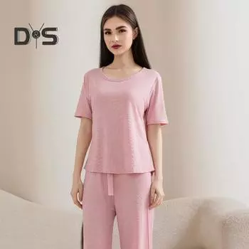 Женский летний пижамный комплект с круглым вырезом, короткими рукавами, топом и штанами, повседневный свободный комплект из двух предметов для отдыха XL синий