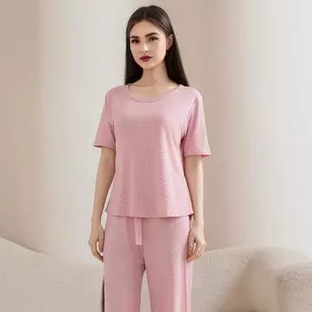 Женский летний пижамный комплект с круглым вырезом, короткими рукавами, топом и штанами, повседневный свободный комплект из двух предметов для отдыха XL синий