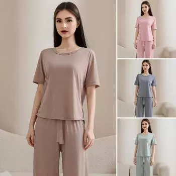 Женский летний пижамный комплект с круглым вырезом, короткими рукавами, топом и штанами, повседневный свободный комплект из двух предметов для отдыха XL зелёный