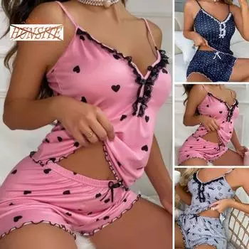 Женский летний пижамный комплект в европейском и американском стиле, сексуальный жилет с v-образным вырезом и кружевной строчкой, эластичный пояс, широкие шорты, комплект из двух предметов, домашняя одежда M розовый