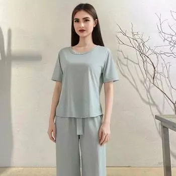 Женский летний пижамный комплект Yousheng с круглым вырезом, короткими рукавами, топом и штанами, повседневный свободный комплект из двух предметов для отдыха XL хаки