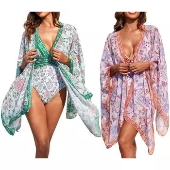Женский летний пляжный повседневный отпускной костюм, цельный треугольный купальник и купальник с шалью и принтом S