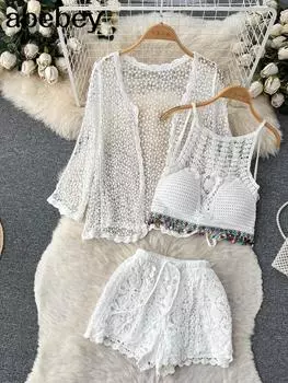 Женский летний пляжный стиль, вязаный крючком комплект из 3 предметов, кружевные солнцезащитные топы + этнический жилет на тонких бретельках + шорты, брюки, отпускной костюм One Size абрикосовый