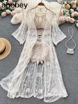 Женский летний пляжный стиль, вязаный крючком, комплект из 3 предметов, солнцезащитные топы с вышивкой и цветком + этнический жилет с лямкой на шее + шорты, брюки, отпускной костюм One Size белый