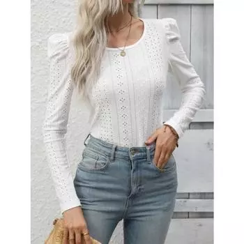 Женский летний полый тонкий однотонный повседневный топ с длинным рукавом S белый