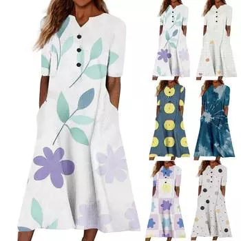 Женский летний повседневный цветочный (Градиент) Платье с коротким рукавом с принтом L чёрный