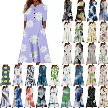 Женский летний повседневный цветочный (Градиент) Платье с коротким рукавом с принтом L синий