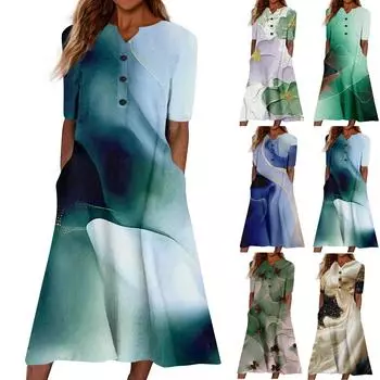 Женский летний повседневный цветочный (Градиент) Платье с коротким рукавом с принтом L синий