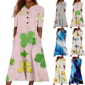 Женский летний повседневный цветочный (Градиент) Платье с коротким рукавом с принтом L синий