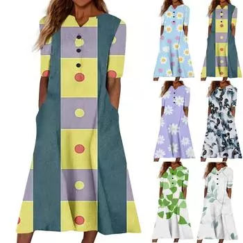 Женский летний повседневный цветочный (Градиент) Платье с коротким рукавом с принтом L синий