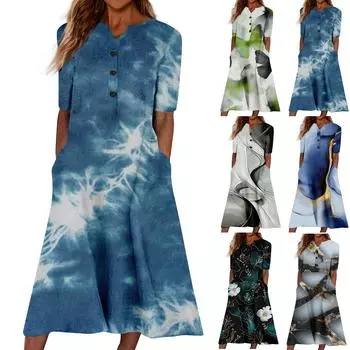 Женский летний повседневный цветочный (Градиент) Платье с коротким рукавом с принтом L чёрный