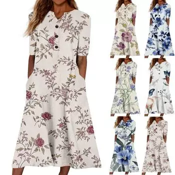 Женский летний повседневный цветочный (Градиент) Платье с коротким рукавом с принтом L синий
