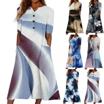 Женский летний повседневный цветочный (Градиент) Платье с коротким рукавом с принтом S