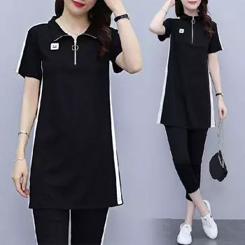 Женский летний повседневный хлопковый фитнес-костюм 2024 года — комплект из двух предметов с брюками 9-Point, размер Plus L чёрный