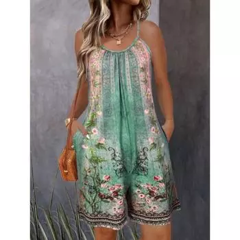 Женский летний повседневный комбинезон без рукавов с круглым вырезом и бретелями, свободные шорты, комбинезон с карманом S зелёный