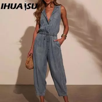 Женский летний повседневный комбинезон из тонкого стираного денима IHUASU S синий