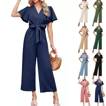 Женский летний повседневный комбинезон с широкими штанинами и высокой талией, v-образным вырезом и карманами для женщин L армия зеленый