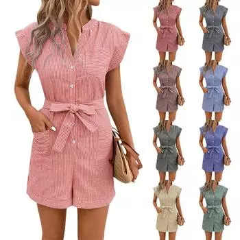 Женский летний повседневный комбинезон в тонкую полоску с короткими рукавами и шортами L