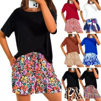 Женский летний повседневный комплект из двух предметов, пижамы с короткими рукавами и карманами, шорты с принтом, пижамы L чёрный
