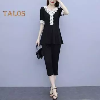 Женский летний повседневный комплект из двух предметов с V-образным вырезом, короткими рукавами, кружевной отделкой, брюками-семь четвертей, женский рабочий наряд L чёрный