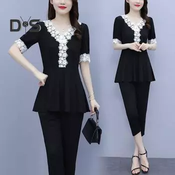 Женский летний повседневный комплект из двух предметов с V-образным вырезом, короткими рукавами, кружевной отделкой, брюками-семь четвертей, женский рабочий наряд L чёрный