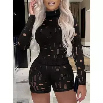 Женский летний повседневный комплект из полых тонких эластичных топов с длинными рукавами S чёрный