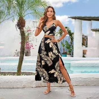 Женский летний повседневный комплект полуюбки средней длины с разрезом на бретельках S чёрный