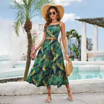 Женский летний повседневный комплект с галстуком трапециевидной формы с разрезом на подтяжках и принтом S темно-зеленого