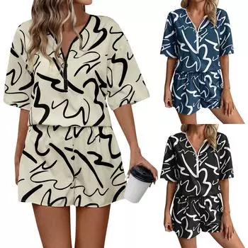 Женский летний повседневный комплект с короткими рукавами и застежкой-молнией с принтом L бежевый