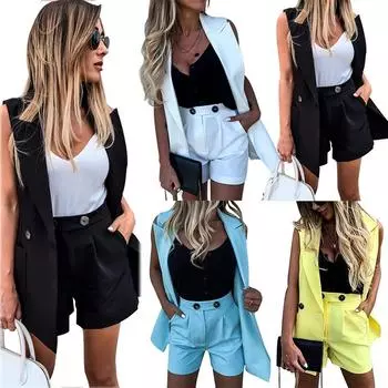 Женский летний повседневный костюм без рукавов, однотонный цвет, короткие брюки, жилет, пальто S жёлтый