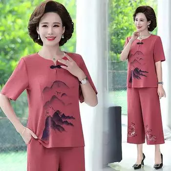 Женский летний повседневный костюм больших размеров для людей среднего и пожилого возраста с функцией уменьшения возраста. Футболка с короткими рукавами + укороченные брюки, комплект из двух предметов 5XL синий