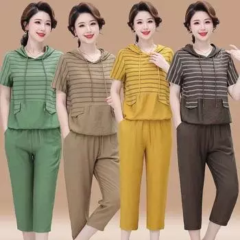 Женский летний повседневный костюм для людей среднего и пожилого возраста, полосатая футболка с капюшоном и короткими рукавами + однотонные брюки, свободный комплект из двух предметов большого размера 5XL зелёный