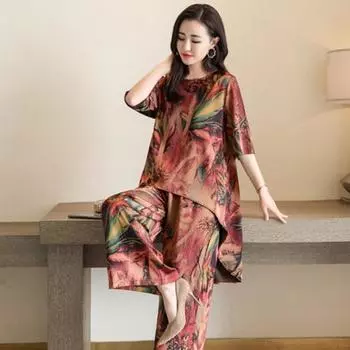 Женский летний повседневный костюм с принтом, комплект из пуловера с короткими рукавами и широких брюк из двух предметов 4XL