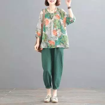 Женский летний повседневный костюм с принтом, состоящий из футболки со средним рукавом и брюк, обтянутых тканью, комплект из двух предметов 3XL зелёный