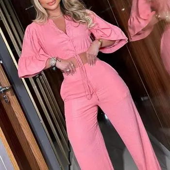 Женский летний повседневный костюм с v-образным вырезом, расклешенными рукавами и шнуровкой, широкие брюки, брюки S розовый