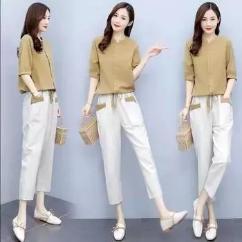 Женский летний повседневный костюм, утягивающий и скрывающий фигуру, рубашка на пуговицах + укороченные брюки для уменьшения возраста, простой комплект из двух предметов 3XL