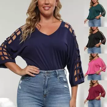 Женский летний повседневный модный сексуальный удобный свободный топ большого размера с полым v-образным вырезом, однотонный топ с рукавами три четверти XXL чёрный