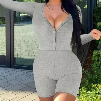 Женский летний повседневный однотонный короткий вязаный комбинезон с v-образным вырезом и длинными рукавами S светло-серый