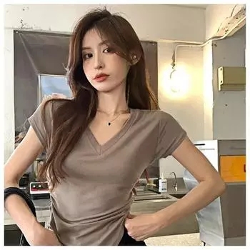 Женский летний повседневный однотонный топ с V-образным вырезом, узким складчатым топом с нерегулярным узором, короткими рукавами и укороченными топами M белый