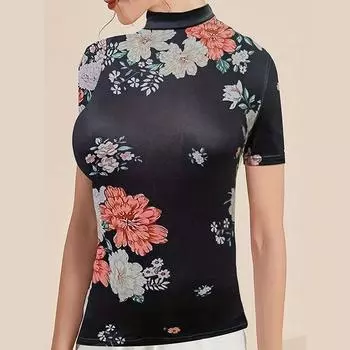 Женский летний повседневный пуловер с коротким рукавом и воротником-стойкой с цветочным принтом, футболка, топ S чёрный